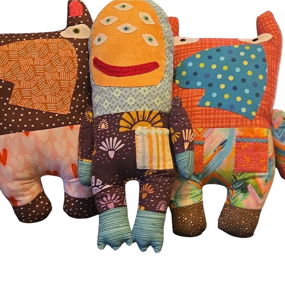 Handmade Patchwork Fabric Stuffed Plush Dolls & Animals Lot Set